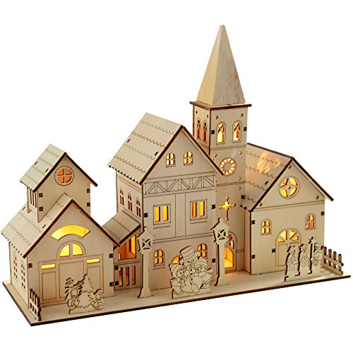 Pre-Lit Wooden Church Scene with Warm LEDs, 28cm
