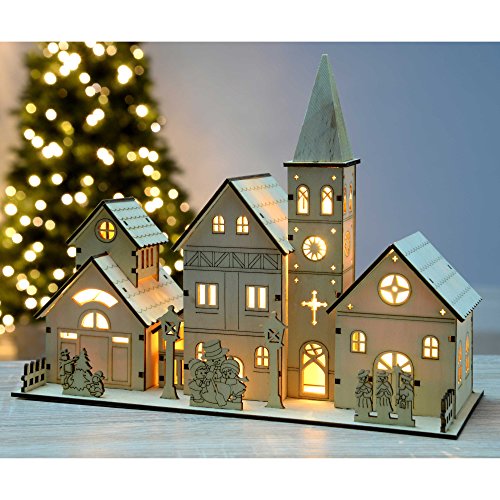 Pre-Lit Wooden Church Scene with Warm LEDs, 28cm