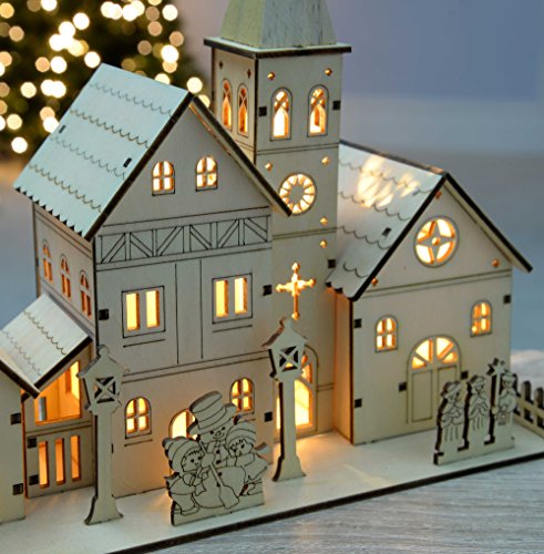 Pre-Lit Wooden Church Scene with Warm LEDs, 28cm