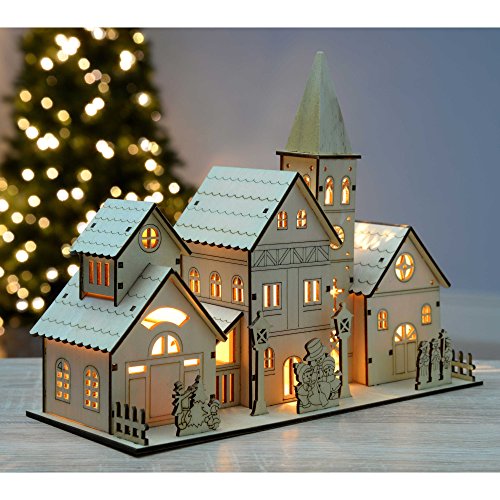 Pre-Lit Wooden Church Scene with Warm LEDs, 28cm