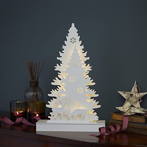 Cozy Christmas: Pre-Lit Wooden White Tree with Reindeer