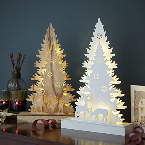 Cozy Christmas: Pre-Lit Wooden White Tree with Reindeer