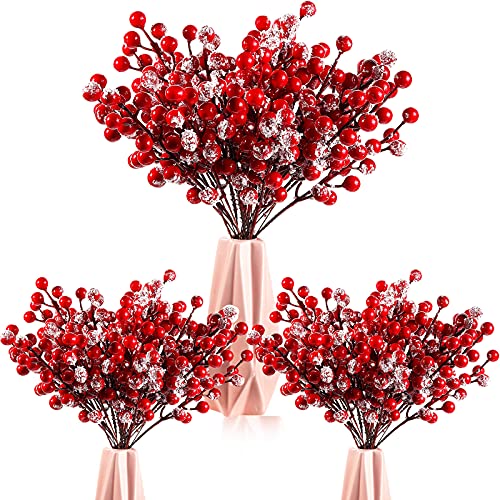 30 Pieces Artificial Holly Berry Stem Picks with Snowflake Glitter Christmas Tree Berries Picks for Christmas Tree Ornaments DIY Crafts Wedding Home Party Decor (Red)