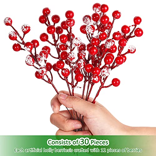 30 Pieces Artificial Holly Berry Stem Picks with Snowflake Glitter Christmas Tree Berries Picks for Christmas Tree Ornaments DIY Crafts Wedding Home Party Decor (Red)