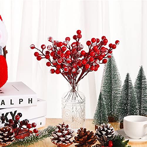30 Pieces Artificial Holly Berry Stem Picks with Snowflake Glitter Christmas Tree Berries Picks for Christmas Tree Ornaments DIY Crafts Wedding Home Party Decor (Red)