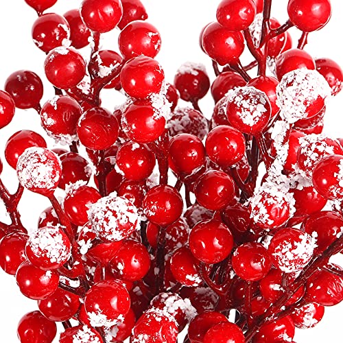 30 Pieces Artificial Holly Berry Stem Picks with Snowflake Glitter Christmas Tree Berries Picks for Christmas Tree Ornaments DIY Crafts Wedding Home Party Decor (Red)