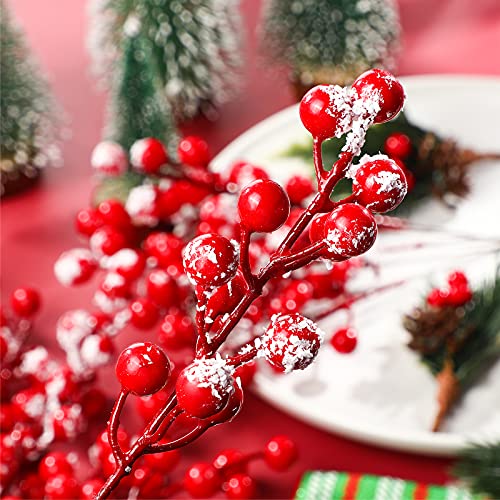 30 Pieces Artificial Holly Berry Stem Picks with Snowflake Glitter Christmas Tree Berries Picks for Christmas Tree Ornaments DIY Crafts Wedding Home Party Decor (Red)