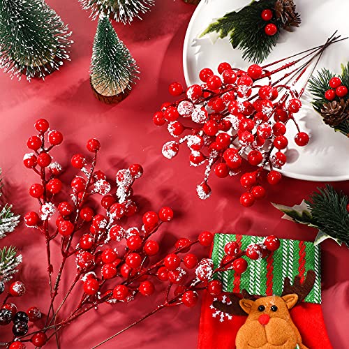 30 Pieces Artificial Holly Berry Stem Picks with Snowflake Glitter Christmas Tree Berries Picks for Christmas Tree Ornaments DIY Crafts Wedding Home Party Decor (Red)