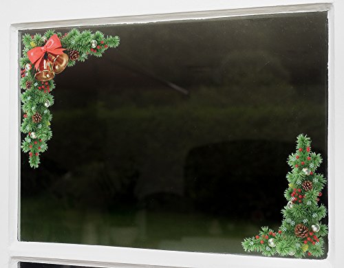 Christmas Window Stickers - A set of 2 Medium Fir Cone and Bell Christmas Window Clings - Colour Christmas Window Decorations