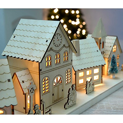 Festive Pre-Lit Wooden Village Scene with Warm LED Lights