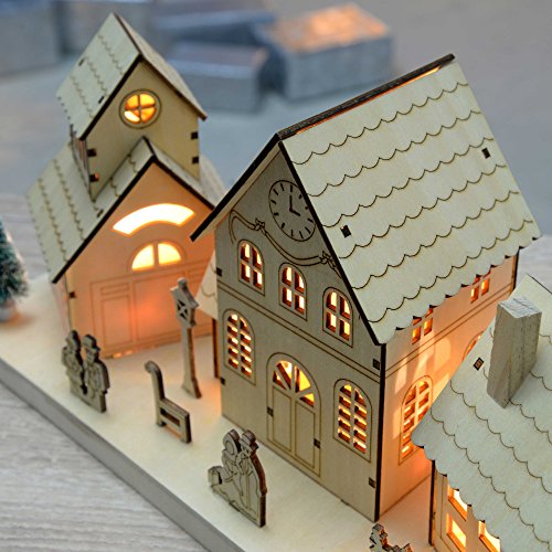 Festive Pre-Lit Wooden Village Scene with Warm LED Lights