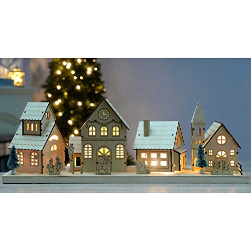 Festive Pre-Lit Wooden Village Scene with Warm LED Lights
