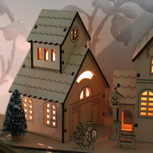 Festive Pre-Lit Wooden Village Scene with Warm LED Lights