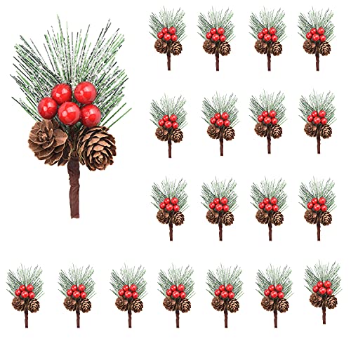 RXXR 20 Pcs Snowflakes Pine Picks Red Berry Stems Flocked Holly Ornaments Christmas Pine Branches Small Artificial Red Berry Pine Cones Branches for Christmas Flower Arrangements Wreaths