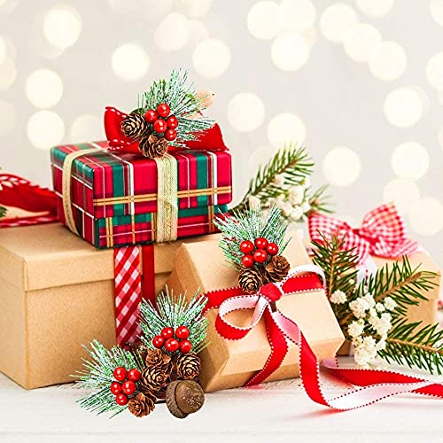RXXR 20 Pcs Snowflakes Pine Picks Red Berry Stems Flocked Holly Ornaments Christmas Pine Branches Small Artificial Red Berry Pine Cones Branches for Christmas Flower Arrangements Wreaths