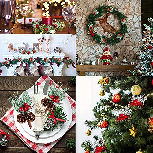 RXXR 20 Pcs Snowflakes Pine Picks Red Berry Stems Flocked Holly Ornaments Christmas Pine Branches Small Artificial Red Berry Pine Cones Branches for Christmas Flower Arrangements Wreaths