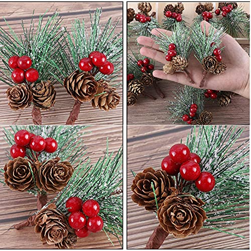 RXXR 20 Pcs Snowflakes Pine Picks Red Berry Stems Flocked Holly Ornaments Christmas Pine Branches Small Artificial Red Berry Pine Cones Branches for Christmas Flower Arrangements Wreaths
