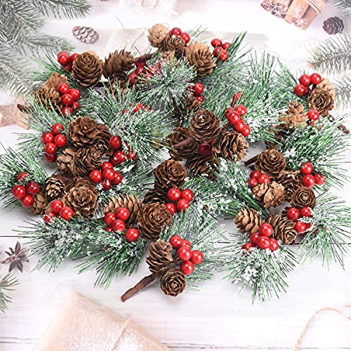 RXXR 20 Pcs Snowflakes Pine Picks Red Berry Stems Flocked Holly Ornaments Christmas Pine Branches Small Artificial Red Berry Pine Cones Branches for Christmas Flower Arrangements Wreaths