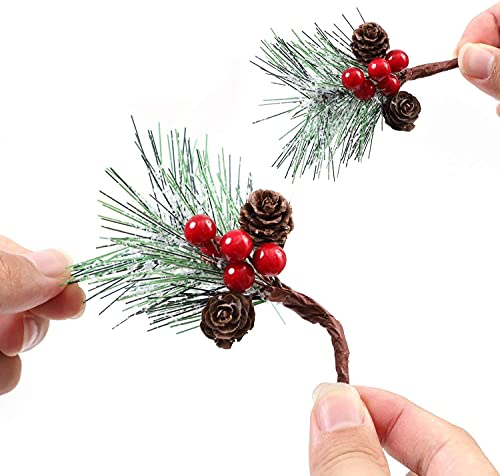 RXXR 20 Pcs Snowflakes Pine Picks Red Berry Stems Flocked Holly Ornaments Christmas Pine Branches Small Artificial Red Berry Pine Cones Branches for Christmas Flower Arrangements Wreaths