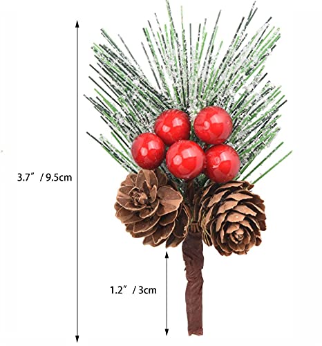 RXXR 20 Pcs Snowflakes Pine Picks Red Berry Stems Flocked Holly Ornaments Christmas Pine Branches Small Artificial Red Berry Pine Cones Branches for Christmas Flower Arrangements Wreaths