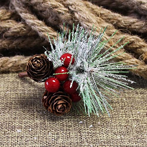 RXXR 20 Pcs Snowflakes Pine Picks Red Berry Stems Flocked Holly Ornaments Christmas Pine Branches Small Artificial Red Berry Pine Cones Branches for Christmas Flower Arrangements Wreaths