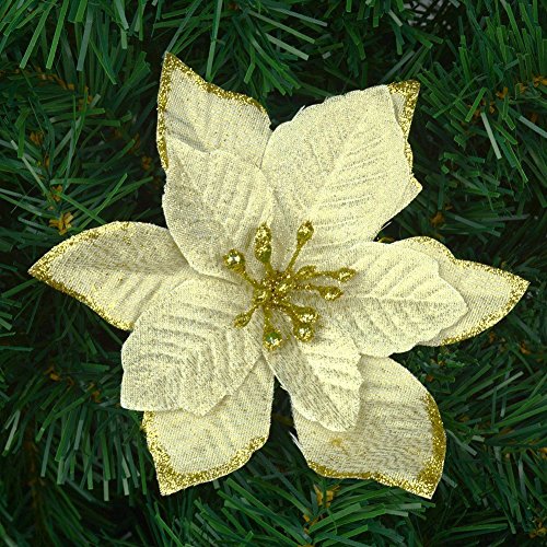6Pcs 5 Inch Glitter Artificial Poinsettia Flowers with Ties for Wedding Christmas Festival Holiday Decor Xmas Wreath Garland Ornament Glod