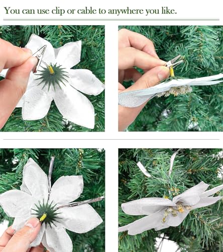 6Pcs 5 Inch Glitter Artificial Poinsettia Flowers with Ties for Wedding Christmas Festival Holiday Decor Xmas Wreath Garland Ornament Glod