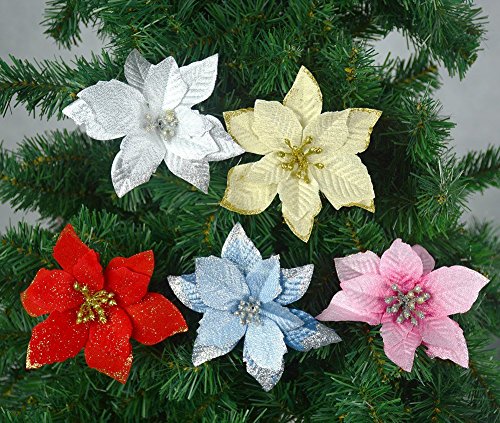 6Pcs 5 Inch Glitter Artificial Poinsettia Flowers with Ties for Wedding Christmas Festival Holiday Decor Xmas Wreath Garland Ornament Glod
