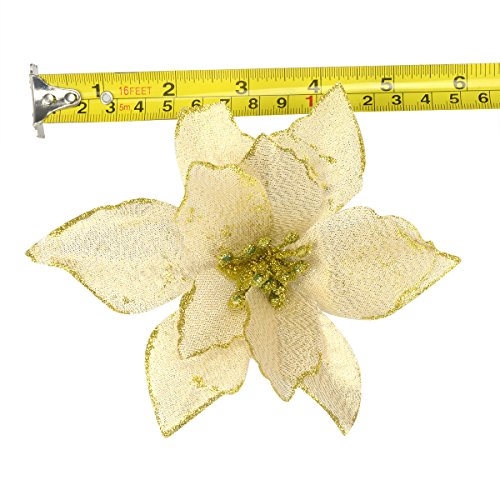 6Pcs 5 Inch Glitter Artificial Poinsettia Flowers with Ties for Wedding Christmas Festival Holiday Decor Xmas Wreath Garland Ornament Glod