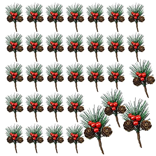 WideSmart 32 Pack Christmas Artificial Red Berry, Pine Tree Pine Picks Christmas Artificial Pine Needles Red Berries Pine Cones Branches Holly Pine Wreaths Christmas Crafts Party Festive Home Decor