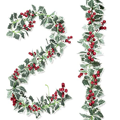  15.7Ft Christmas Garland Artificial Holly Leaves and Red Berries Hanging Vine Faux Xmas Berry Greenery Garland for Indoor/outdoor BY Whaline