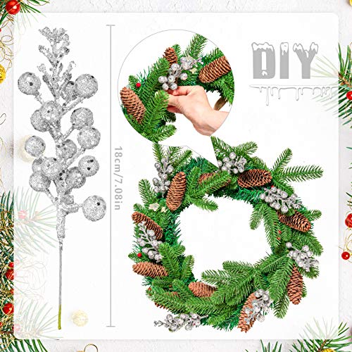 Whaline 12Pcs Christmas Glitter Berries Stems 8.3 Inch Artificial Fruit Berry Picks Holly Berry Twig for Xmas Tree Ornament DIY Craft Christmas Wreath Garland Winter Holiday Decoration, Silver
