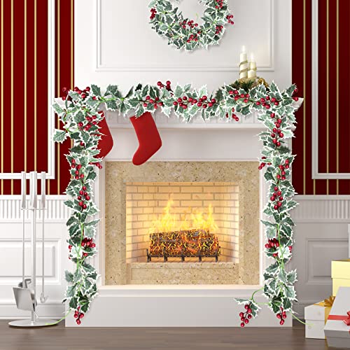  15.7Ft Christmas Garland Artificial Holly Leaves and Red Berries Hanging Vine Faux Xmas Berry Greenery Garland for Indoor/outdoor BY Whaline