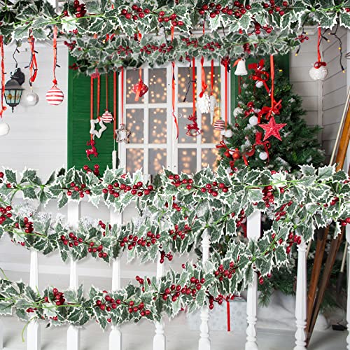  15.7Ft Christmas Garland Artificial Holly Leaves and Red Berries Hanging Vine Faux Xmas Berry Greenery Garland for Indoor/outdoor BY Whaline