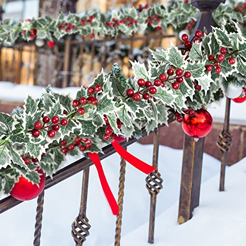  15.7Ft Christmas Garland Artificial Holly Leaves and Red Berries Hanging Vine Faux Xmas Berry Greenery Garland for Indoor/outdoor BY Whaline