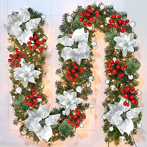  Christmas garland, 2.7m 9ft with Lights, And Red Berry Decorations Illuminated with LED Lights,for Stairs Fireplaces SILVER BY SHAVINGFUN