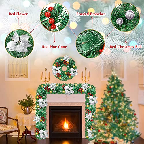  Christmas garland, 2.7m 9ft with Lights, And Red Berry Decorations Illuminated with LED Lights,for Stairs Fireplaces SILVER BY SHAVINGFUN
