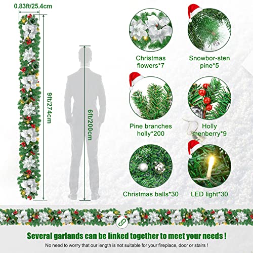  Christmas garland, 2.7m 9ft with Lights, And Red Berry Decorations Illuminated with LED Lights,for Stairs Fireplaces SILVER BY SHAVINGFUN