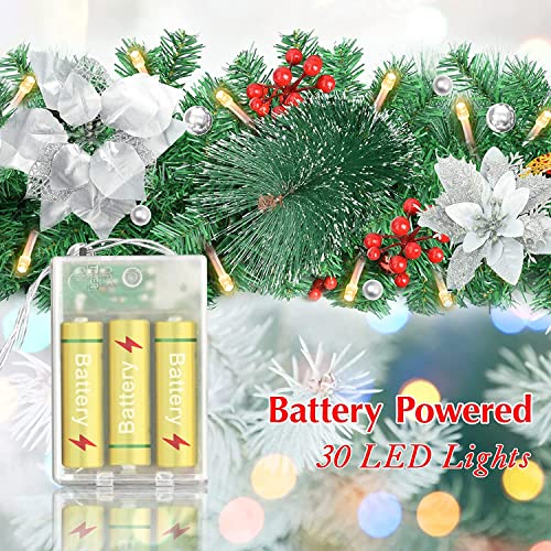  Christmas garland, 2.7m 9ft with Lights, And Red Berry Decorations Illuminated with LED Lights,for Stairs Fireplaces SILVER BY SHAVINGFUN