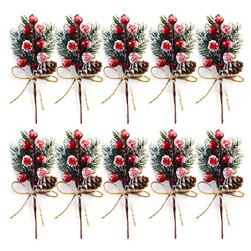Yumfoz Artificial Red Berry Branches 10 Pack 6 Inch Christmas Picks Spray Artificial Pine Cones Holly Stem Craft, Winter Holiday Floral Picks for Crafts Xmas Tree Ornaments
