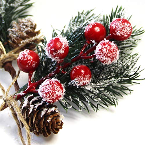 Yumfoz Artificial Red Berry Branches 10 Pack 6 Inch Christmas Picks Spray Artificial Pine Cones Holly Stem Craft, Winter Holiday Floral Picks for Crafts Xmas Tree Ornaments