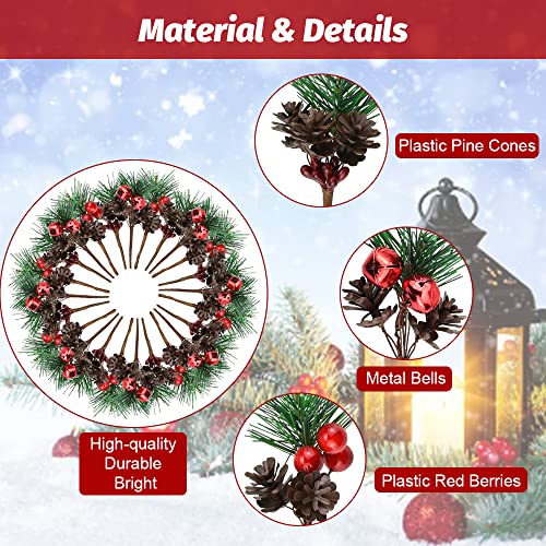 JUNMEIDO 30 PCS Artificial Pine Picks Christmas Pine Branches Christmas Pine Tree Branches with Small Berries Pinecones Bells for Christmas Floral Arrangement Wreath Craft Garland Decorations