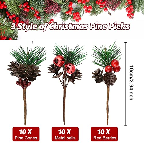JUNMEIDO 30 PCS Artificial Pine Picks Christmas Pine Branches Christmas Pine Tree Branches with Small Berries Pinecones Bells for Christmas Floral Arrangement Wreath Craft Garland Decorations