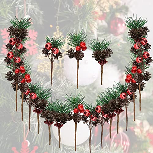 JUNMEIDO 30 PCS Artificial Pine Picks Christmas Pine Branches Christmas Pine Tree Branches with Small Berries Pinecones Bells for Christmas Floral Arrangement Wreath Craft Garland Decorations