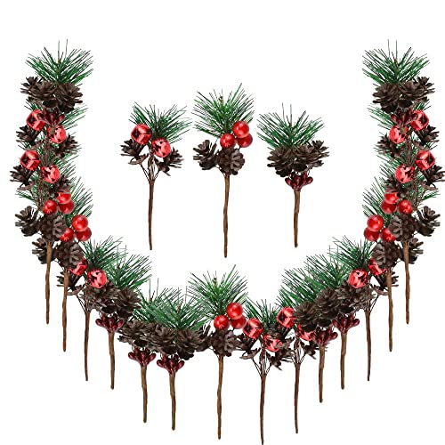 JUNMEIDO 30 PCS Artificial Pine Picks Christmas Pine Branches Christmas Pine Tree Branches with Small Berries Pinecones Bells for Christmas Floral Arrangement Wreath Craft Garland Decorations