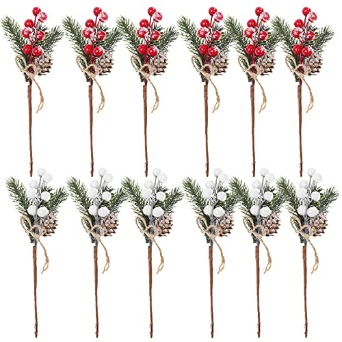 Jodsen 9 Inch Artificial Pine Picks,12 Pcs Christmas Berries Pine Branches with Snowflake Cones Berry Stems Dinner Decor,2 Colors Pinecone for DIY Garland Present Wrapping