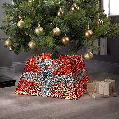 Silver & Red Christmas Tree Skirt with LED Lights