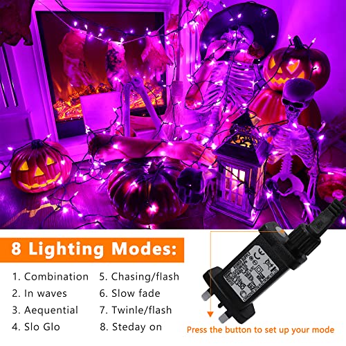 BrizLabs Halloween Decor Lights Outdoor, 33ft 100 LED Purple Christmas String Lights Mains Powered Fairy Light 8 Modes Waterproof Twinkle Lighting for Indoor Xmas Tree Horror Party DIY Garden Patio