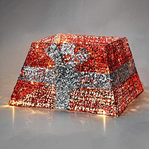Silver & Red Christmas Tree Skirt with LED Lights