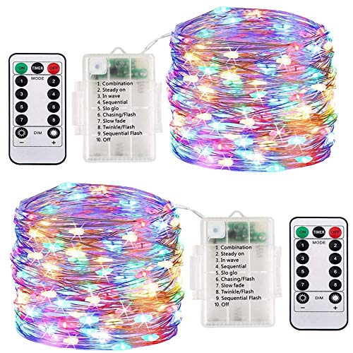 ooklee Fairy Lights Battery Operated, [2 Pack] 10M 100 LED Outdoor Waterproof String Lights, 8 Modes Remote Timmer Rainbow Twinkle Copper Wire Lighting for Home Gazebo Christmas Decor(Multi Colour)